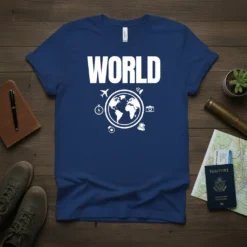 Blue t-shirt with the word WORLD in large white letters and a graphic of the Earth surrounded by travel icons