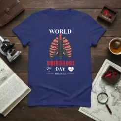 T-shirt with "WORLD TUBERCULOSIS DAY MARCH 24" text and a graphic of human lungs and a heartbeat line