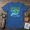 World Water Day t-shirt design with text and illustration of a hand holding the Earth with water splashes