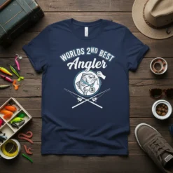 WORLDS 2ND BEST Angler t-shirt design with a fish wearing a medal and crossed fishing rods