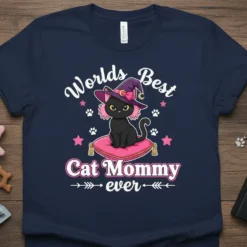 Worlds Best Cat Mommy ever text with a black cat wearing a witch hat sitting on a pillow. Paw prints