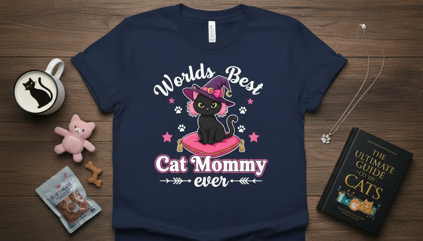 Worlds Best Cat Mommy ever text with a cute black cat in a witch hat on a pillow, surrounded by stars and