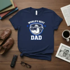 World's Best Dad t-shirt with a barbell and muscular arm graphic in a shield, blue and white design