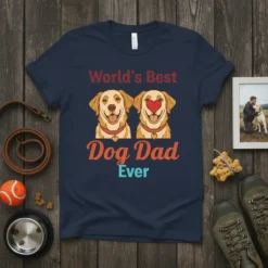 World's Best Dog Dad Ever t-shirt design featuring two happy golden retrievers and bold text