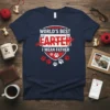 Navy t-shirt with "World's Best Farter I Mean Father" text and cat paw prints