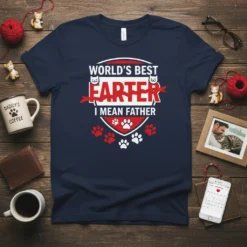 Navy t-shirt with "World's Best Farter I Mean Father" text and cat paw prints
