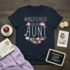 T-shirt with "World's Best Great Aunt" text and floral border, navy blue color