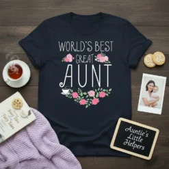 T-shirt with "World's Best Great Aunt" text and floral border, navy blue color