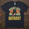 Worlds Best Guitarist text with a black cat playing guitar graphic on a dark t-shirt