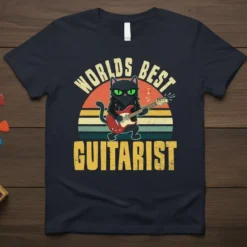 Worlds Best Guitarist text with a black cat playing guitar graphic on a dark t-shirt