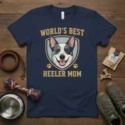 World's Best Heeler Mom t-shirt design with a happy Australian Cattle Dog face and paw prints