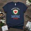 Navy t-shirt with "World's Best Mom Ever" text and a heart shield graphic