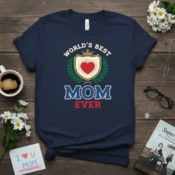 Navy t-shirt with "World's Best Mom Ever" text and a heart shield graphic