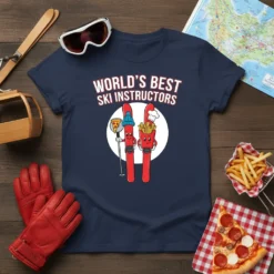 World's Best Ski Instructors t-shirt design featuring cartoon skis holding pizza and fries