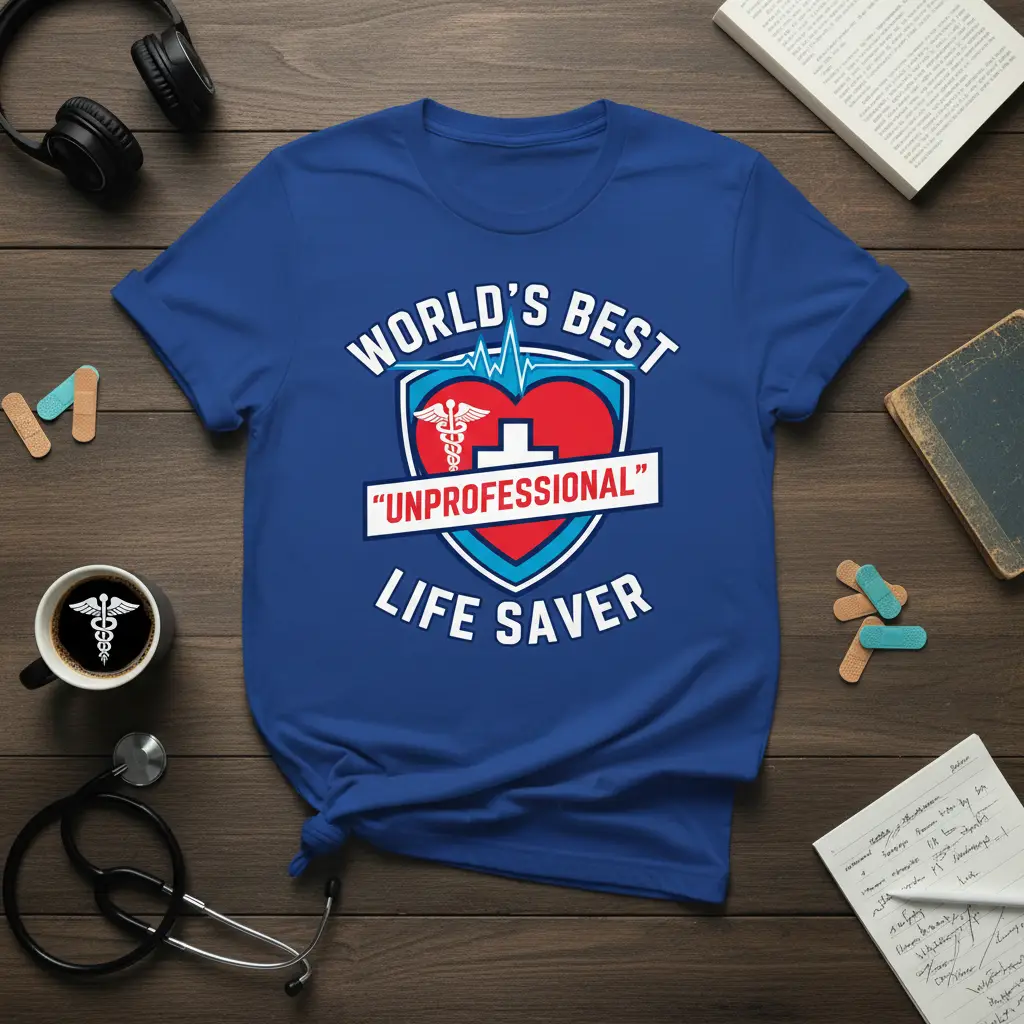 World's Best Unprofessional Life Saver quote with medical caduceus and heart graphic on blue tee