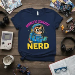 World's Coolest Nerd t-shirt design with a cartoon astronaut cat holding a tablet, stars, and pink text