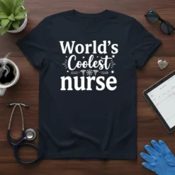 World's Coolest Nurse t-shirt with white typography and medical caduceus graphic