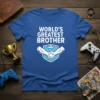 Blue t-shirt with white text "World's Greatest Brother" and a shield graphic with two muscular arms shaking hands and a