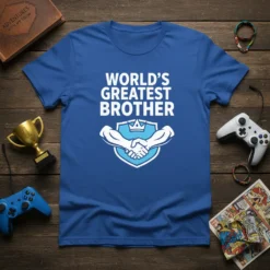 Blue t-shirt with white text "World's Greatest Brother" and a shield graphic with two muscular arms shaking hands and a