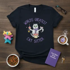 T-shirt with purple text "World's Greatest Cat Sitter" and a cartoon cat holding cupcakes and a mouse toy