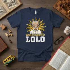 World's Greatest Lolo t-shirt design with cartoon grandpa graphic and sunburst