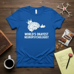 Blue t-shirt with white text "World's Okayest Neuropsychologist" and a graphic of a brain wearing a crown