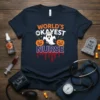 World's Okayest Nurse Halloween T-Shirt with ghost, pumpkins, and spider graphic