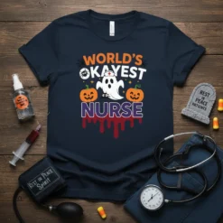 World's Okayest Nurse Halloween T-Shirt with ghost, pumpkins, and spider graphic