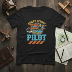 Black t-shirt with "World's Okayest Pilot" text and a vintage airplane graphic