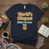 Navy blue t-shirt with "World's Okayest Sister-In-Law" text and a cartoon cat wearing sunglasses and a medal
