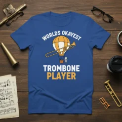 Worlds Okayest Trombone Player text with a hot air balloon graphic featuring a trombone and stick figure