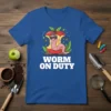 Worm On Duty t-shirt design with a cartoon worm wearing sunglasses in an apple