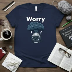 Navy t-shirt with "Worry" text above a cartoon brain entangled in ropes, under a dark storm cloud with lightning bolts