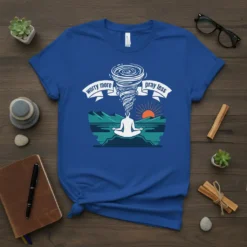 Blue t-shirt with "Worry More Pray Less" quote, showing a person meditating with a tornado above their head