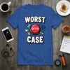 Blue t-shirt with "Worst Case Don't Push Case" text and a red "Don't Push" button graphic, surrounded by icons