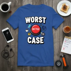Blue t-shirt with "Worst Case Don't Push Case" text and a red "Don't Push" button graphic, surrounded by icons