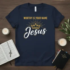 Worthy Is Your Name Jesus T-Shirt with crown graphic, white and gold lettering on navy fabric