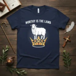 Christian t-shirt with the text "Worthy Is The Lamb" above a graphic of a lamb standing on a crown
