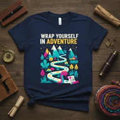 Wrap Yourself In Adventure quote with a winding path, mountains, and a pink snake reading a scroll graphic on a