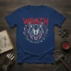 Wrath wolf graphic t-shirt with red text and chain circle design, featuring a fierce wolf face