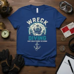 Wreck Diving What Could Possibly Go Wrong text with vintage diver helmet graphic on a blue t-shirt