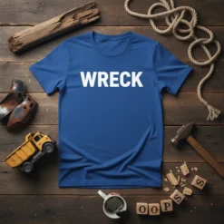 Blue t-shirt with bold white text reading "WRECK" as the main design element