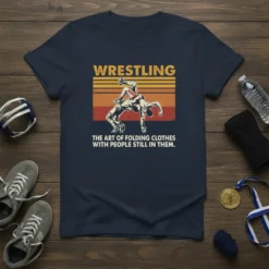 Wrestling t-shirt design featuring "Wrestling The Art Of Folding Clothes With People Still In Them" quote and vintage graphic of