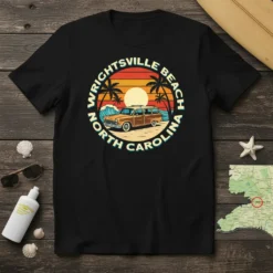 Wrightsville Beach North Carolina text encircling a vintage woody wagon graphic with palm trees and sunset