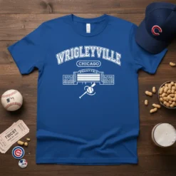 Wrigleyville Chicago Wrightey Field graphic tee with baseball bat and ball design