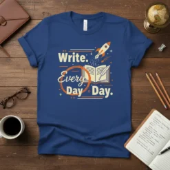 Write Every Day Day t-shirt with a rocket launching from an open book and quill pen graphic
