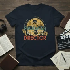 WRITER PRODUCER ACTOR DIRECTOR text in bold, retro font with film reel, microphone, and clapperboard graphics