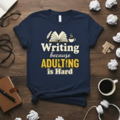 Writing because ADULTING is Hard t-shirt with open book and feather graphic