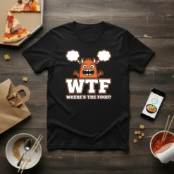 Black t-shirt with "WTF WHERE'S THE FOOD?" text and a cartoon orange monster graphic, with thought bubbles