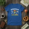 WUNDERBAR text above a colorful hot air balloon over a charming village, printed on a blue t-shirt